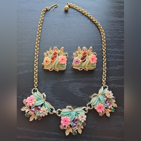 Jewelry - Vintage 1950s Floral Celluloid & Rhinestone Choker Necklace & Clip On Earrings
